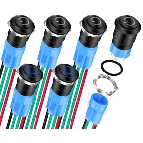 DaierTek 6pcs 12V Latching Push Button Switch LED Blue 12mm Power Button Waterproof ON Off Maintained 12 Volt Small Round Metal Black Wired for Marine Car Truck