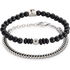 مجموعة أساور Galis - سوار سلسلة ثعبان مطلي بالفضة غير مشوه وسوار من الأحجار الكريمة مع خرز أونيكس أسود، سوار مطرز ممتاز وسوار من الفولاذ المقاوم للصدأ مع مشبك مخلب جراد البحر 7 بوصة in Kuwait