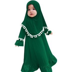 ODASDO Newborn Infant Baby Girls Prayer Dress Muslim Clothes for Toddler Kids Long Sleeve Abaya with Hijab Two Piece Set