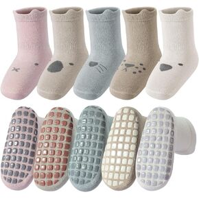 CHUANGLI 5 Pairs Toddlers Non Slip Socks with Grips Baby Girls Boys Anti Skid Crew Cotton Gift Socks for Infants Kids