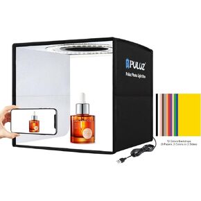 Photo Studio Light Box, PULUZ Mini Folding Lightbox LED Ring Light Portable Photo Box Shooting Tent Box Kit 12 Colors Backdrops USB Light Box Photography for Small Items Photo Booth 9.8 x 9.8
