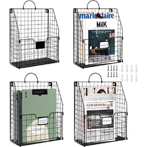 4 Packs Hanging Wall File Organizer, DILIBRA Foldable Wall Magazine File Holder with Handle and Tag Slot, Metal Wall Mount Mail Organizer Rack Folder Holder for Document Office Door Home