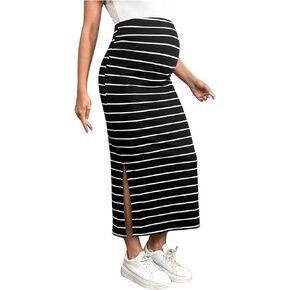 SHENHE Women's Maternity Skirt Long Skirt Striped High Waist Adjustable Waist Split Skirt
