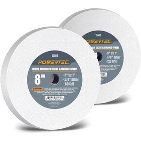POWERTEC 15541 Bench and Pedestal Grinding Wheels, 8 Inch x 1 Inch, 5/8 Arbor, 60 & 120 Grits Assorted, White Aluminum Oxide Bench Grinder Wheel for Grinding and Sharpening Cutting Tools, 2 PK