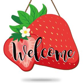 Whaline Strawberry Wood Hanging Welcome Door Sign Summer Fruit Theme Wall Plague Seasonal Front Door Hanger Sign Decor for Housewarming Gift Indoor Outdoor Home Farmhouse Porch