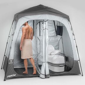 Poray Portable Shower Camping Tent Deluxe Changing Room Easy Set Up Privacy Shelter,Large Toilet Tent 2 Rooms with Floor Drain Design for Beach, Camping,Hiking with Stakes and Ropes for Stability