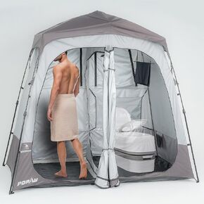 Poray Portable Shower Camping Tent Deluxe Changing Room Easy Set Up Privacy Shelter,Large Toilet Tent 2 Rooms with Floor Drain Design for Beach, Camping,Hiking with Stakes and Ropes for Stability