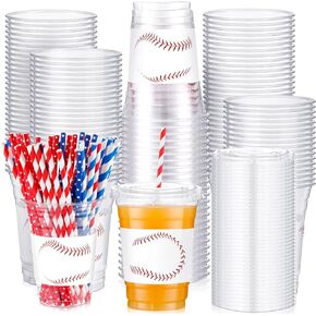 Mifoci 50 Set Baseball Party Cups with Lids and Paper Straws Bulk 16 oz Reusable Disposable Plastic Cups Baseball Drinking Cup for Iced Coffee Milk Tea Hot Chocolate Baseball Game Party Supplies