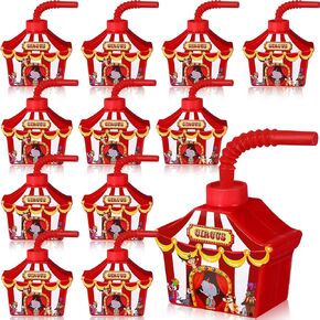 Tanlade 12 Pcs Circus Carnival Party Favor Gift Supplies Cups with Straws and Lids, 10 oz Plastic Circus Shape Drink Cups Bulk for Carnival Circus Theme Party Supplies Boys Girls Birthday Favors