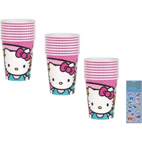 Unique Hello Kitty Birthday Party Supplies Bundle includes 24 Party Paper Cups and 1 Dinosaur Sticker Sheet