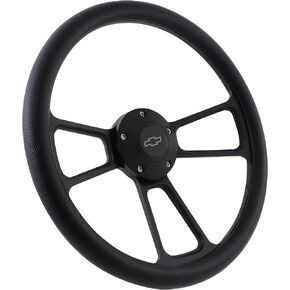 Black Steering Wheel 14 Inch Aluminum with Black Vinyl Half Wrap, Horn, and Chevy Installation Adapter