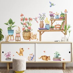 Wall Stickers for Living Room,Cut Cats and Potting Plants Modern Decors for Bedroom,Removable Vinyl Mural Art Baby Girl Nursery Decor Baby Room Decor Kids Room Decor.