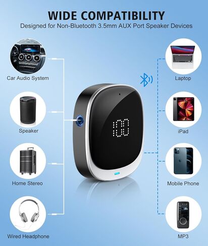 محول BCADON Bluetooth AUX للسيارة، جهاز استقبال بلوتوث 5.3 مع شاشة LED، محول سيارة بلوتوث للستيريو المنزلي/سماعات الرأس السلكية/مكبر الصوت، اتصال مزدوج، ميكروفون HiFi مدمج in Kuwait