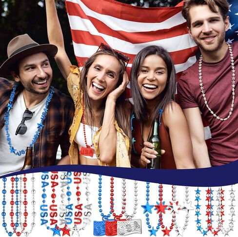Quelay 60 Pcs 4th of July Beads Necklaces Memorial Day Flag Star Patriotic Beaded Necklace Independence Day Red White Blue Beaded Necklace Jewelry Accessories for Party Decoration in Kuwait