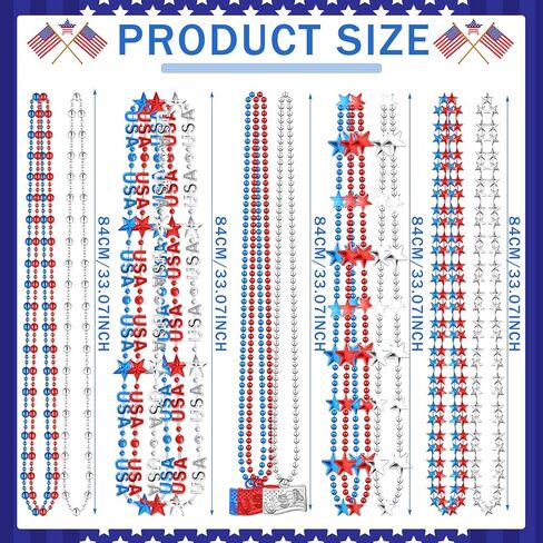 Quelay 60 Pcs 4th of July Beads Necklaces Memorial Day Flag Star Patriotic Beaded Necklace Independence Day Red White Blue Beaded Necklace Jewelry Accessories for Party Decoration in Kuwait