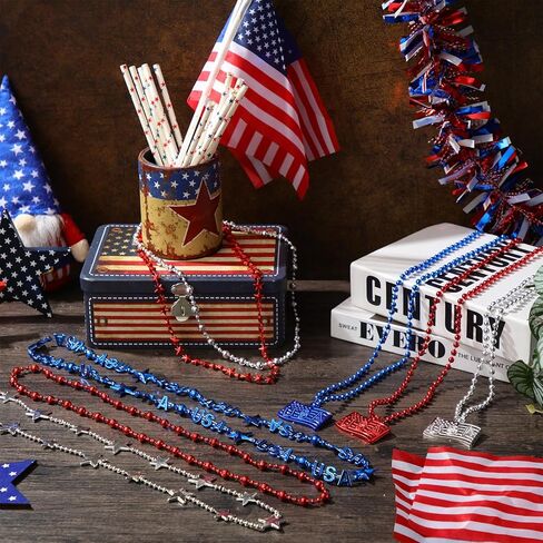 Quelay 60 Pcs 4th of July Beads Necklaces Memorial Day Flag Star Patriotic Beaded Necklace Independence Day Red White Blue Beaded Necklace Jewelry Accessories for Party Decoration in Kuwait