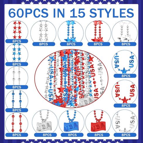 Quelay 60 Pcs 4th of July Beads Necklaces Memorial Day Flag Star Patriotic Beaded Necklace Independence Day Red White Blue Beaded Necklace Jewelry Accessories for Party Decoration in Kuwait