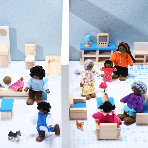 Doll Wooden House People of 8 Miniature Figures and 2 Pets, Country Style in Kuwait