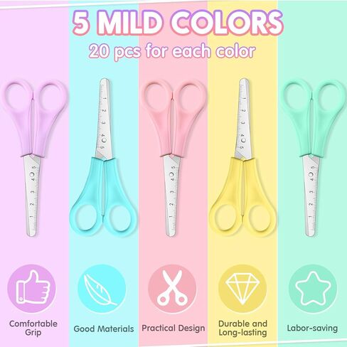 Gisafai 100 Pcs 5'' Scissors Bulk for Kids Safety Blunt Tip Scissors Stainless Steel Sharp Blade Easy Grip Scissors 5 Pastel Colors Kids Craft Scissors for Office Sewing Home Craft School Supplies in Saudi Arabia