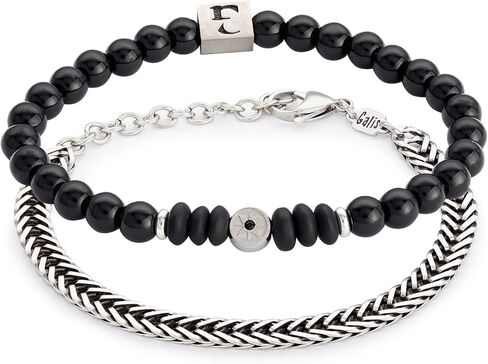 مجموعة أساور Galis - سوار سلسلة ثعبان مطلي بالفضة غير مشوه وسوار من الأحجار الكريمة مع خرز أونيكس أسود، سوار مطرز ممتاز وسوار من الفولاذ المقاوم للصدأ مع مشبك مخلب جراد البحر 7 بوصة in Kuwait