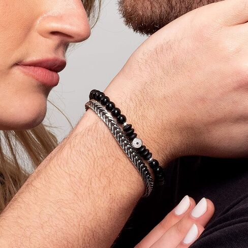 مجموعة أساور Galis - سوار سلسلة ثعبان مطلي بالفضة غير مشوه وسوار من الأحجار الكريمة مع خرز أونيكس أسود، سوار مطرز ممتاز وسوار من الفولاذ المقاوم للصدأ مع مشبك مخلب جراد البحر 7 بوصة in Kuwait