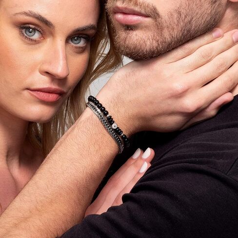 مجموعة أساور Galis - سوار سلسلة ثعبان مطلي بالفضة غير مشوه وسوار من الأحجار الكريمة مع خرز أونيكس أسود، سوار مطرز ممتاز وسوار من الفولاذ المقاوم للصدأ مع مشبك مخلب جراد البحر 7 بوصة in Kuwait