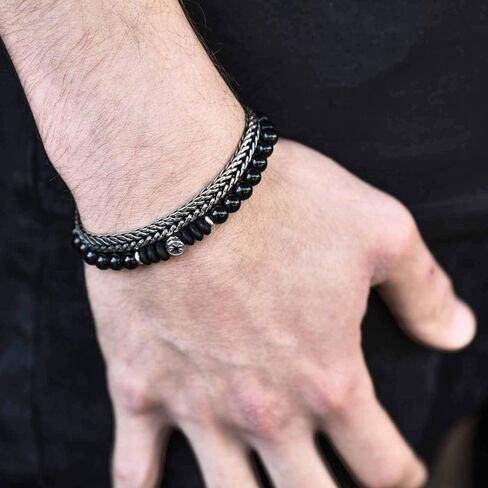 مجموعة أساور Galis - سوار سلسلة ثعبان مطلي بالفضة غير مشوه وسوار من الأحجار الكريمة مع خرز أونيكس أسود، سوار مطرز ممتاز وسوار من الفولاذ المقاوم للصدأ مع مشبك مخلب جراد البحر 7 بوصة in Kuwait