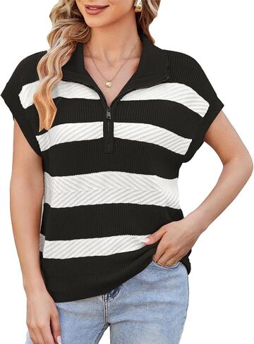 GRACE KARIN المرأة بلا أكمام نصف البريدي البلوزات سترة كم كاب سترة مخططة مضلع متماسكة البلوز S-2XL in Saudi Arabia