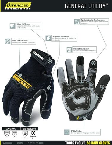 قفازات العمل العامة من Ironclad GUG، متعددة الأغراض، مناسبة للأداء، متينة، قابلة للغسل في الغسالة، (زوج واحد) أسود in Kuwait