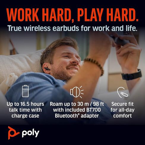 سماعات أذن Poly Voyager Free 60+ UC True Wireless (Plantronics) - ميكروفونات لإلغاء الضوضاء للمكالمات الواضحة - ANC - حافظة شحن ذكية مع أدوات تحكم تعمل باللمس - تعمل مع iPhone وAndroid وPC/Mac وZoom وTeams - حصريًا لأمازون in Saudi Arabia