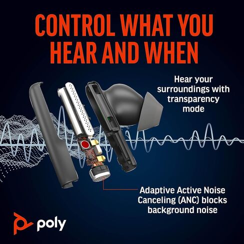 سماعات أذن Poly Voyager Free 60+ UC True Wireless (Plantronics) - ميكروفونات لإلغاء الضوضاء للمكالمات الواضحة - ANC - حافظة شحن ذكية مع أدوات تحكم تعمل باللمس - تعمل مع iPhone وAndroid وPC/Mac وZoom وTeams - حصريًا لأمازون in Saudi Arabia