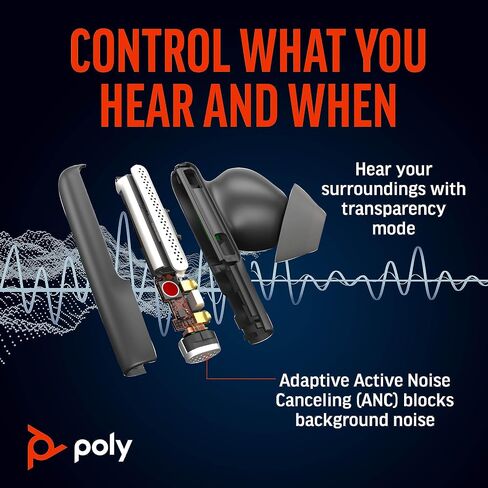 سماعات أذن Poly Voyager Free 60+ UC True Wireless (Plantronics) - ميكروفونات لإلغاء الضوضاء للمكالمات الواضحة - ANC - حافظة شحن ذكية مع أدوات تحكم تعمل باللمس - تعمل مع iPhone وAndroid وPC/Mac وZoom وTeams - حصريًا لأمازون in Saudi Arabia