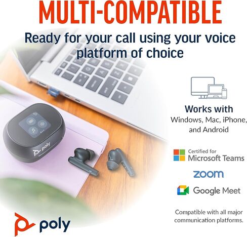 سماعات أذن Poly Voyager Free 60+ UC True Wireless (Plantronics) - ميكروفونات لإلغاء الضوضاء للمكالمات الواضحة - ANC - حافظة شحن ذكية مع أدوات تحكم تعمل باللمس - تعمل مع iPhone وAndroid وPC/Mac وZoom وTeams - حصريًا لأمازون in Saudi Arabia