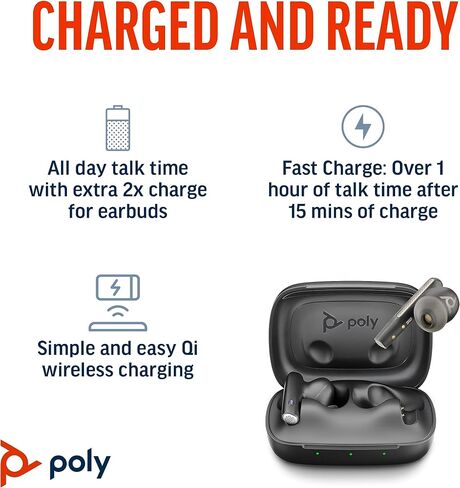 سماعات أذن Poly Voyager Free 60+ UC True Wireless (Plantronics) - ميكروفونات لإلغاء الضوضاء للمكالمات الواضحة - ANC - حافظة شحن ذكية مع أدوات تحكم تعمل باللمس - تعمل مع iPhone وAndroid وPC/Mac وZoom وTeams - حصريًا لأمازون in Saudi Arabia