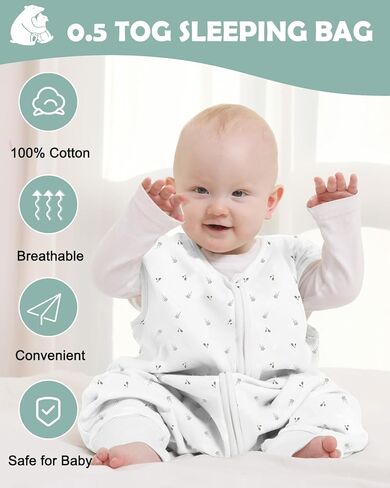 أكياس نوم للأطفال الصغار من ليكتين 0.5 توغ - بطانية يمكن ارتداؤها للأطفال الصغار مع أرجل، 100% قطن 100% كيس نوم بدون أكمام بسحاب ثنائي الاتجاه in Kuwait