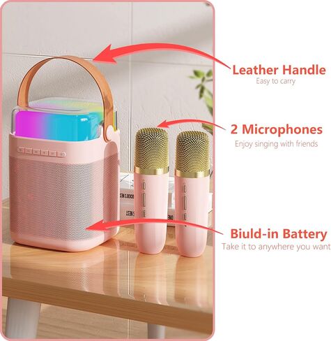 Mini Karaoke Machine for Kids Adults, Portable Bluetooth Speaker with 2 Wireless Microphone, Led Lights Karaoke Birthday Gifts for Girls 4, 5, 6, 7, 8+ Years Old Toddler Teens (Lightpink) in Saudi Arabia