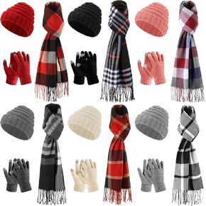 18 Pcs Women Knit Beanie Hat Set Winter Warmer Sets Including Buffalo Plaid Scarf Touchscreen Gloves, Winter 3 Piece Set in Saudi Arabia