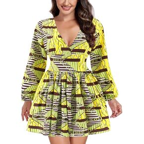 jascaela Womens Sexy V Neck African Print Dashiki Dress Long Lantern Sleeve Short Swing Dress Party Club in Kuwait