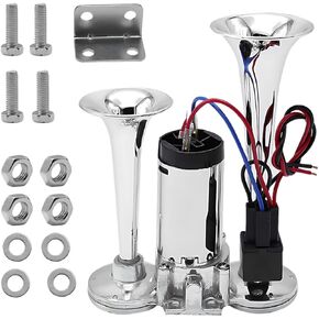 12V 130dB Dual Trumpet Air Horn Kit with Compressor - Loud Dual Electric Train Horn for Cars Boats Trucks SUV - High/Low Tube Air Horns Speaker Kit Car Accessories (Sliver) in Kuwait