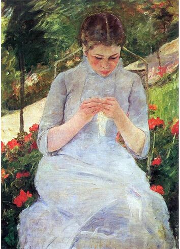 Fine Art Reproduction on Rolled Canvas – Young woman sewing in the garden by Cassatt – 30x40 Inches | Fade-Resistant Colors | Unique Wall Decor for Modern Interiors in Saudi Arabia