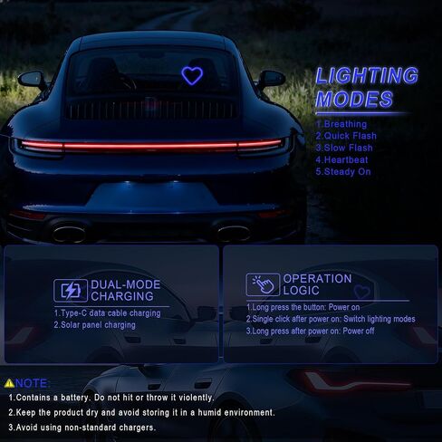 مصابيح LED داخلية للسيارة، إضاءة محيطة على شكل قلب للنوافذ، 5 أوضاع إضاءة، شحن من خلال النوع C والطاقة الشمسية، ديكورات سيارة للنساء والرجال، حزمة من 1، (أزرق ثلجي) in Kuwait