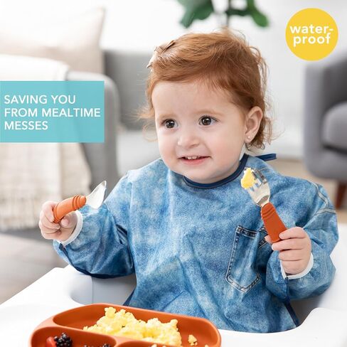 Bumkins Sleeved Bib for Girl or Boy, Baby and Toddler for 6-24 Mos, Essential Must Have for Eating, Feeding, Baby Led Weaning Supplies, Long Sleeve Mess Saving Food Catcher, Soft Fabric, Palm Trees in Kuwait