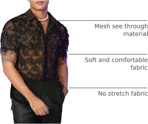 WDIRARA Men's Contrast Sequin Fringe Mesh Button Short Sleeve Lapel Neck See Through Party Shirt Top in Saudi Arabia