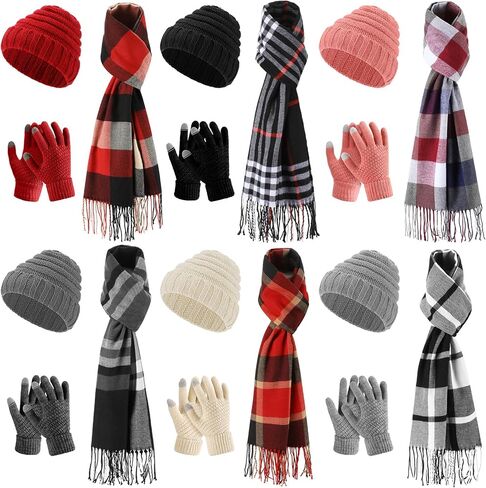 18 Pcs Women Knit Beanie Hat Set Winter Warmer Sets Including Buffalo Plaid Scarf Touchscreen Gloves, Winter 3 Piece Set in Saudi Arabia
