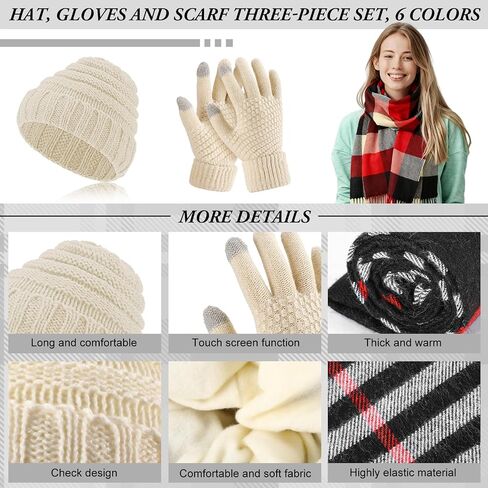 18 Pcs Women Knit Beanie Hat Set Winter Warmer Sets Including Buffalo Plaid Scarf Touchscreen Gloves, Winter 3 Piece Set in Saudi Arabia