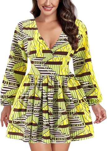 jascaela Womens Sexy V Neck African Print Dashiki Dress Long Lantern Sleeve Short Swing Dress Party Club in Kuwait