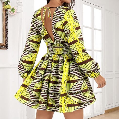 jascaela Womens Sexy V Neck African Print Dashiki Dress Long Lantern Sleeve Short Swing Dress Party Club in Kuwait