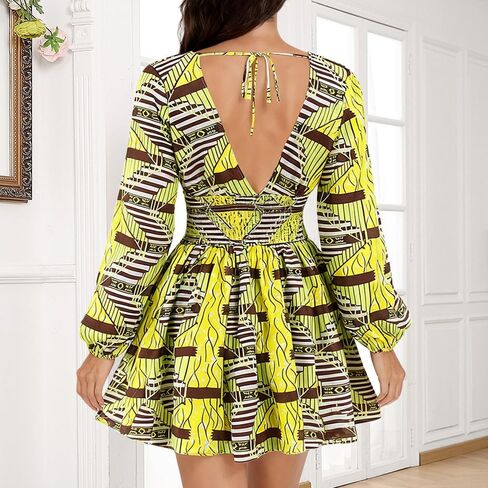 jascaela Womens Sexy V Neck African Print Dashiki Dress Long Lantern Sleeve Short Swing Dress Party Club in Kuwait