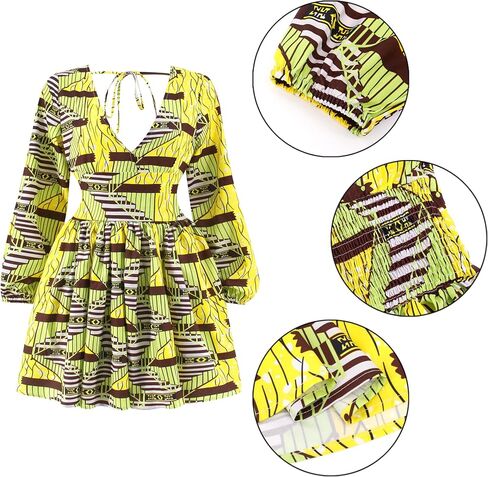 jascaela Womens Sexy V Neck African Print Dashiki Dress Long Lantern Sleeve Short Swing Dress Party Club in Kuwait
