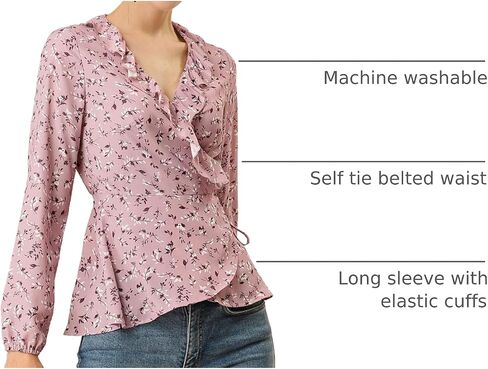 Allegra K Women's Floral V Neck Wrap Top Long Sleeve Tie Waist Ruffle Peplum Blouse in Saudi Arabia